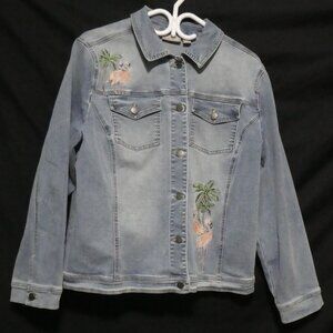 CHICO'S | size 3 | Button-Up Front Blue Denim Jacket | Flamingo Front and Back